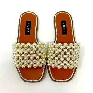 NIB Aqua Bride Pearl Beaded Flat Slide Sandals